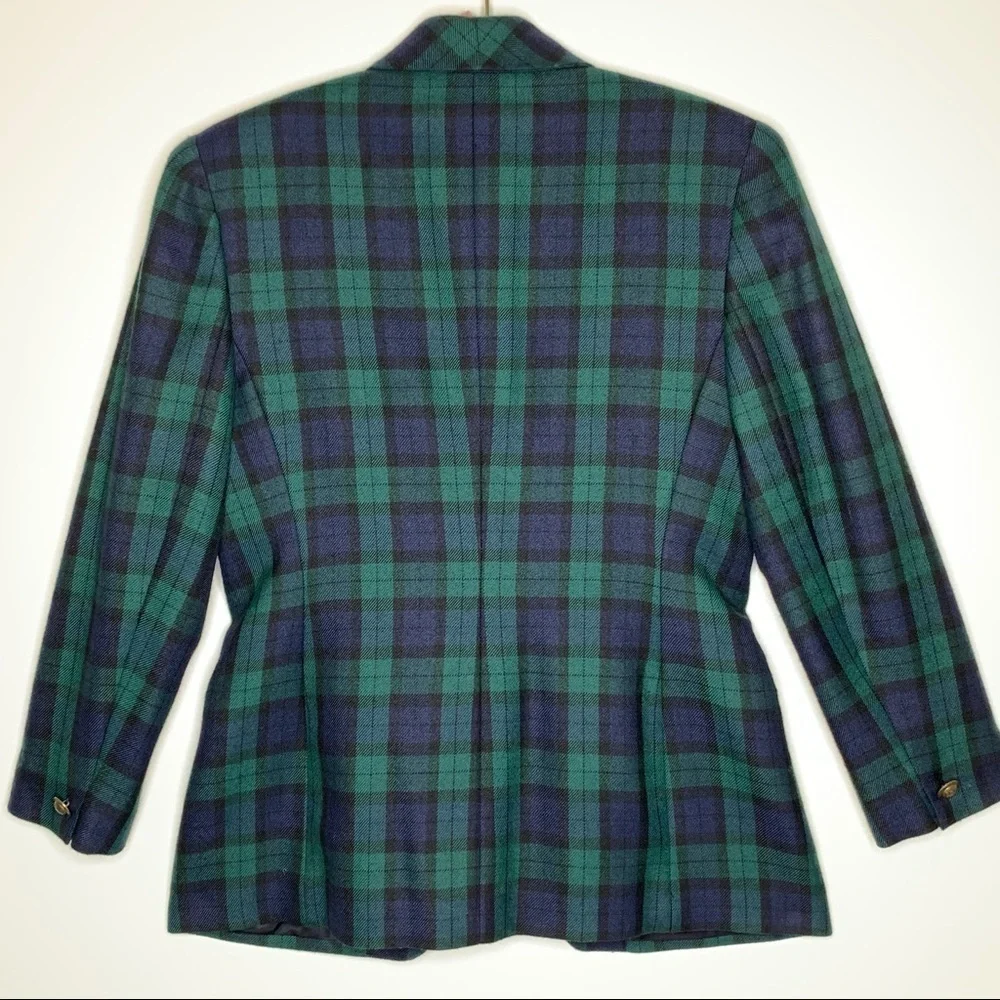 Y2K Rena Rowan Saville Wool Blend Tartan Plaid Blazer Brass Buttons Size 10P